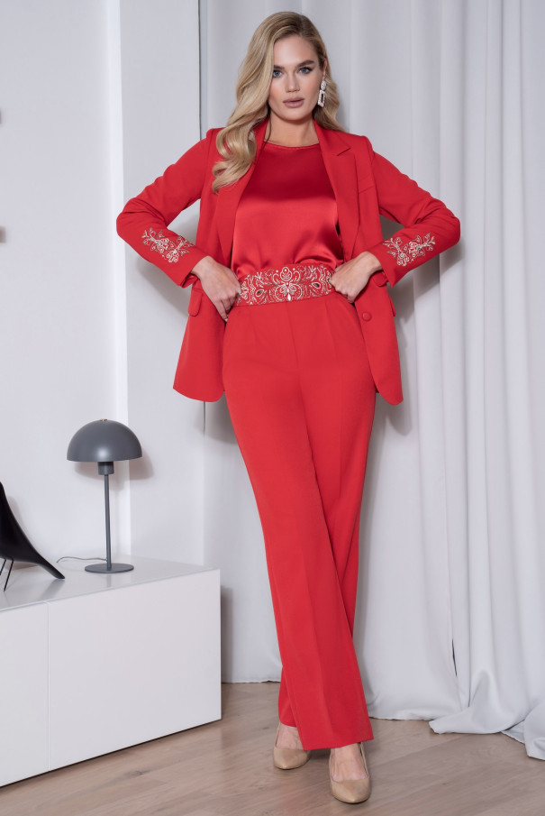 Женский нарядный красный брючный костюм URS с пиджаком ЮРС