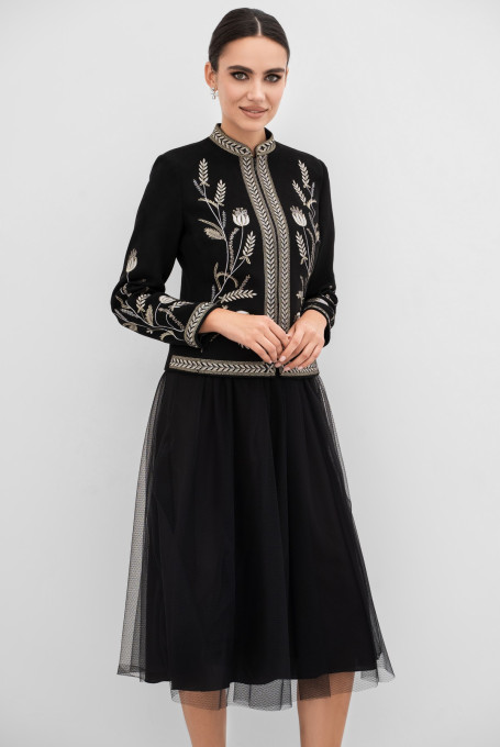 Черный нарядный жакет (пиджак) с вышивкой женский 22-507-1