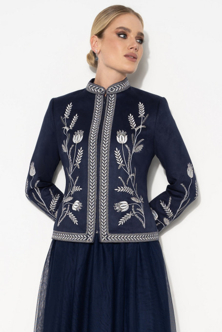 Нарядный синий жакет / пиджак женский с вышивкой 22-507-2