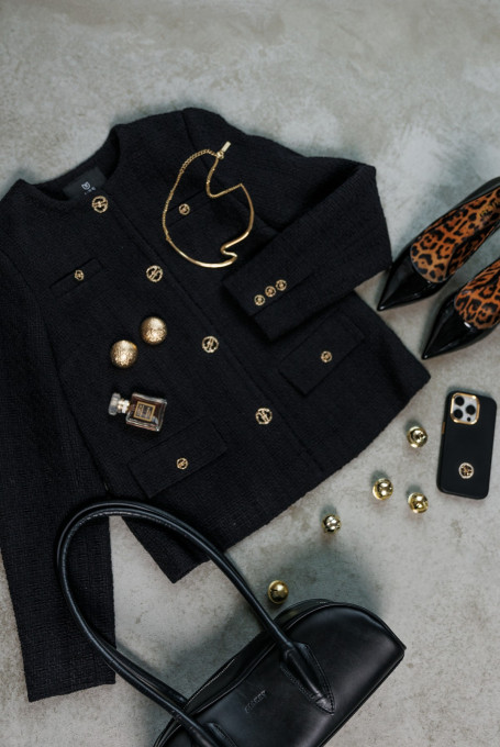 Жакет (пиджак) твидовый женский черный укороченный 23-234-1