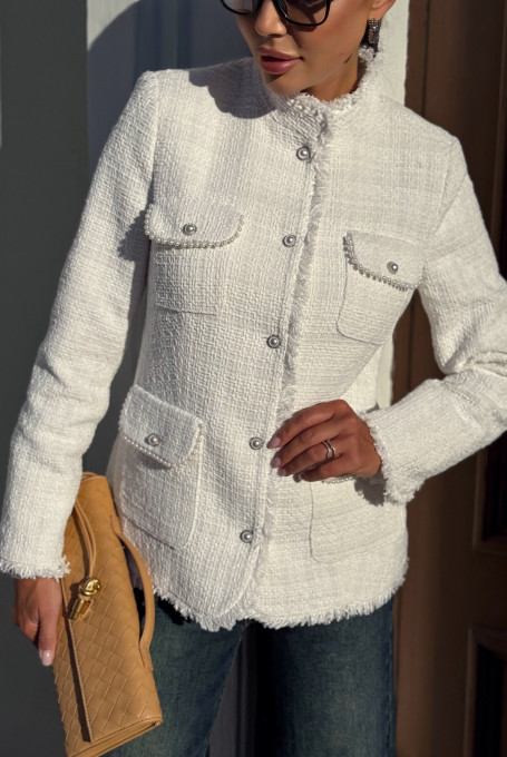 Белый твидовый жакет / пиджак женский приталенный 23-239-1