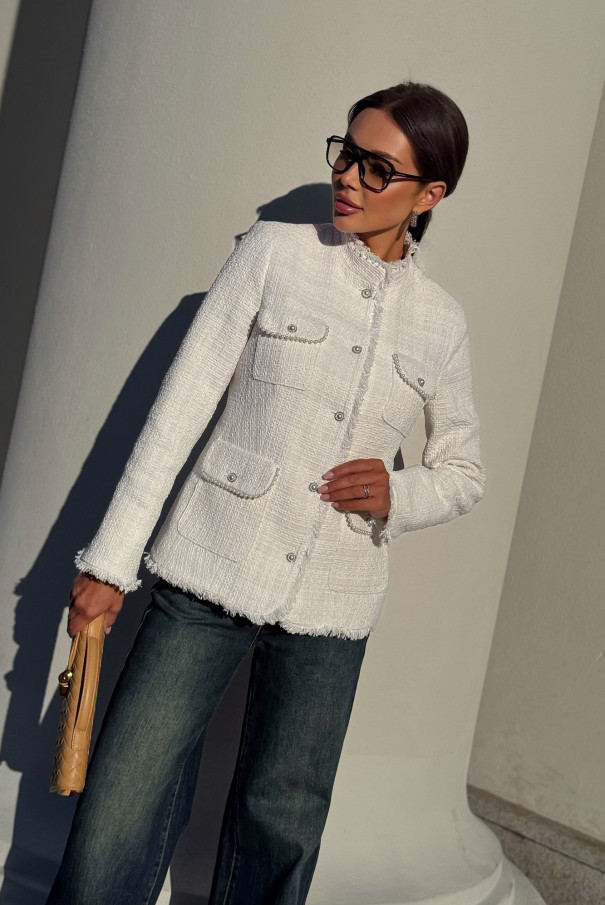 Белый твидовый жакет / пиджак женский приталенный URS / ЮРС