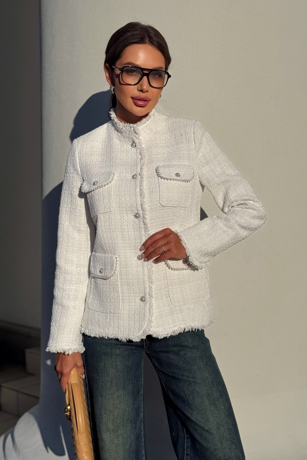 Белый твидовый жакет / пиджак женский приталенный URS / ЮРС