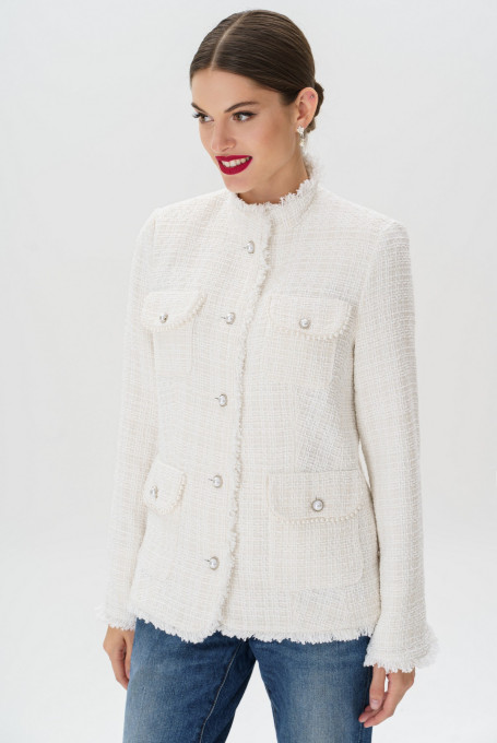 Белый твидовый жакет / пиджак женский приталенный 23-239-1