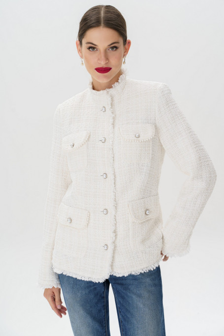 Белый твидовый жакет / пиджак женский приталенный 23-239-1