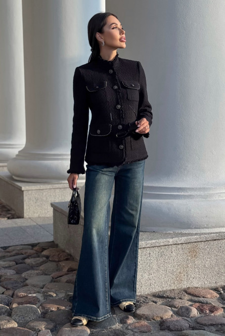 Черный твидовый жакет / пиджак женский приталенный 23-239-2