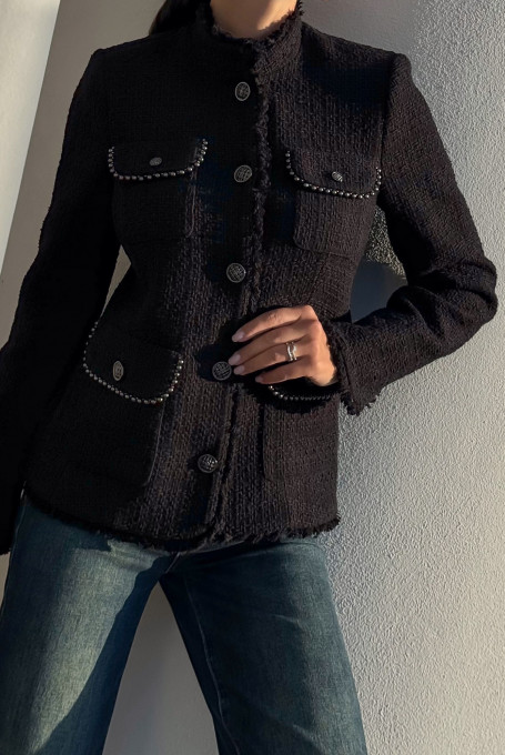 Черный твидовый жакет / пиджак женский приталенный 23-239-2