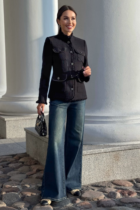 Черный твидовый жакет / пиджак женский приталенный 23-239-2