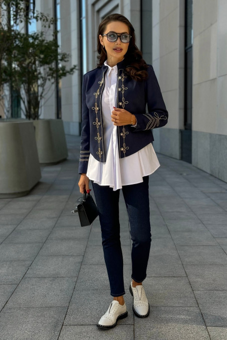 Синий замшевый жакет женский нарядный с вышивкой 24-303-2