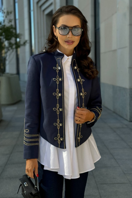 Синий замшевый жакет женский нарядный с вышивкой 24-303-2