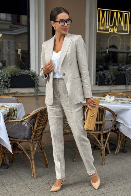 Бежевый льняной костюм-двойка: жакет и брюки 24-330-4