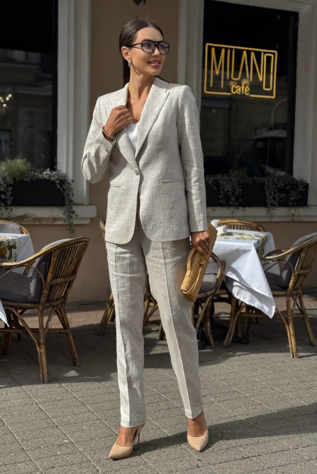 Бежевый льняной костюм-двойка: жакет и брюки 24-330-4