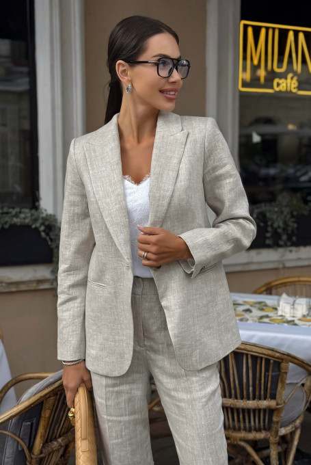 Бежевый льняной костюм-двойка: жакет и брюки 24-330-4