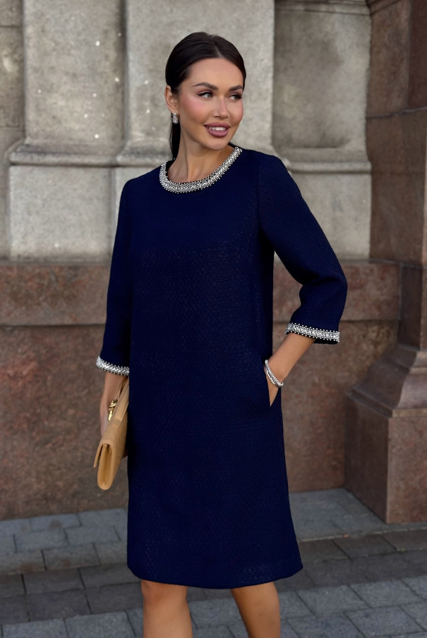 Платье твидовое миди синее с элегантным декором URS / ЮРС