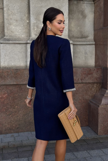 Синее твидовое платье миди с декором 24-377-2