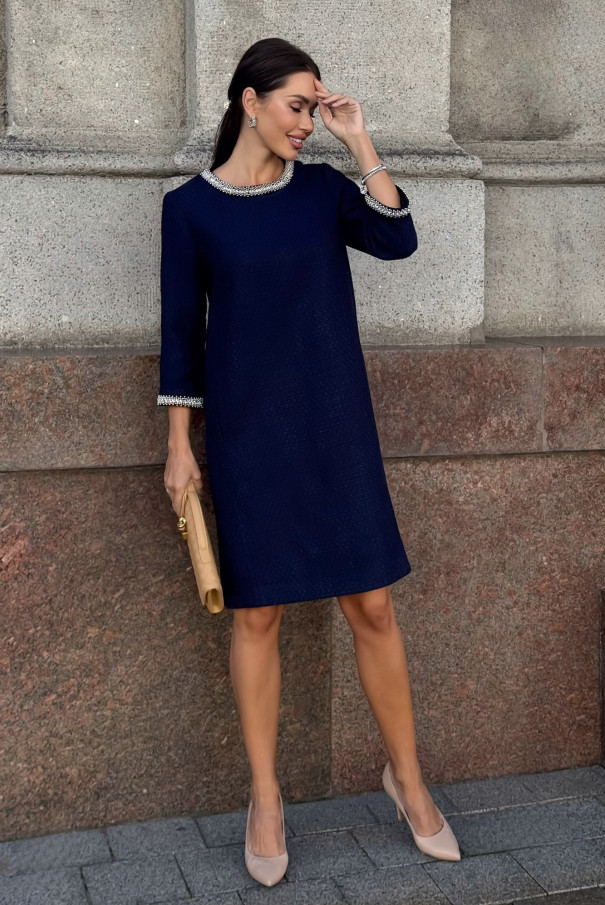 Платье твидовое миди синее с элегантным декором URS / ЮРС