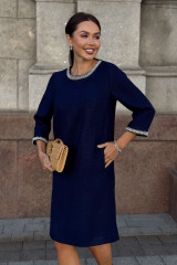 Платье твидовое миди синее с элегантным декором URS / ЮРС
