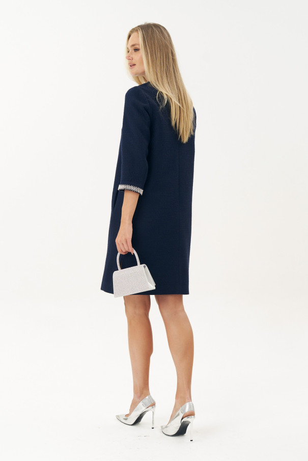 Платье твидовое миди синее с элегантным декором URS / ЮРС