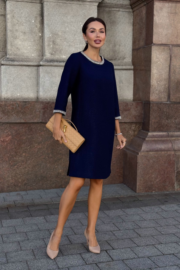 Платье твидовое миди синее с элегантным декором URS / ЮРС