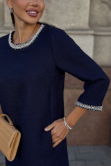 Платье твидовое миди синее с элегантным декором URS / ЮРС