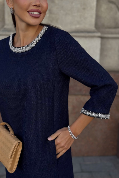 Синее твидовое платье миди с декором 24-377-2