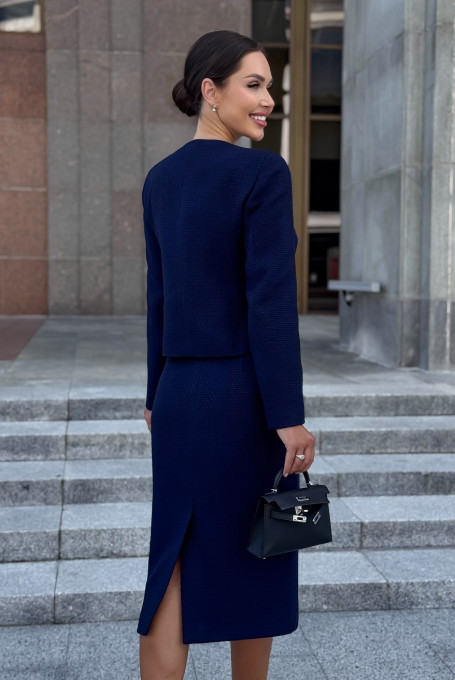 Твидовый женский костюм с юбкой миди синий 24-411-2