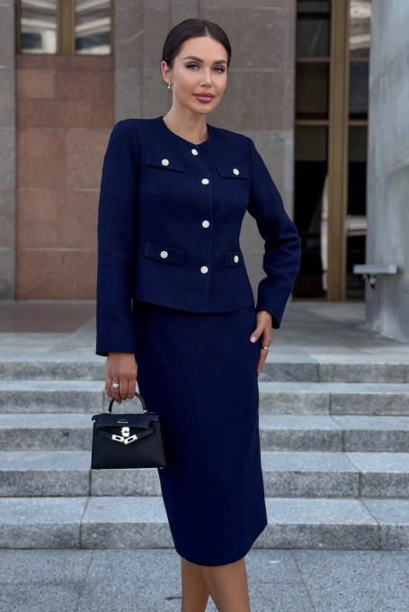 Твидовый женский костюм с юбкой миди синий 24-411-2