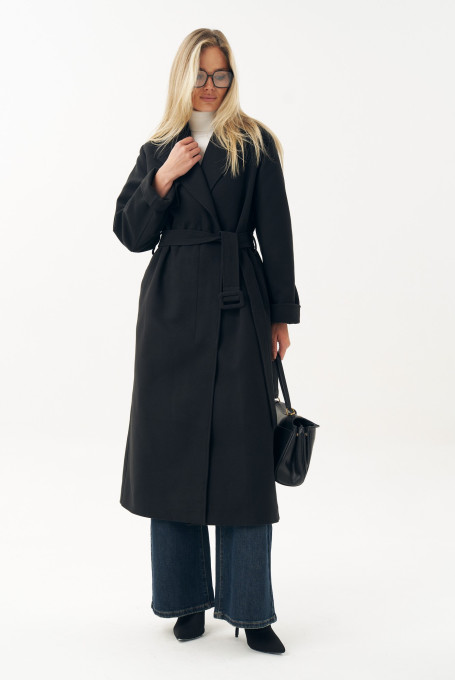Черное женское пальто длинное демисезонное 24-430-1