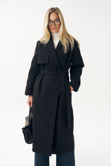 Черное женское пальто длинное демисезонное 24-430-1