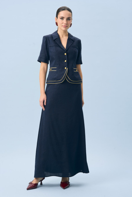 Синий льняной костюм с длинной юбкой 24-451-1