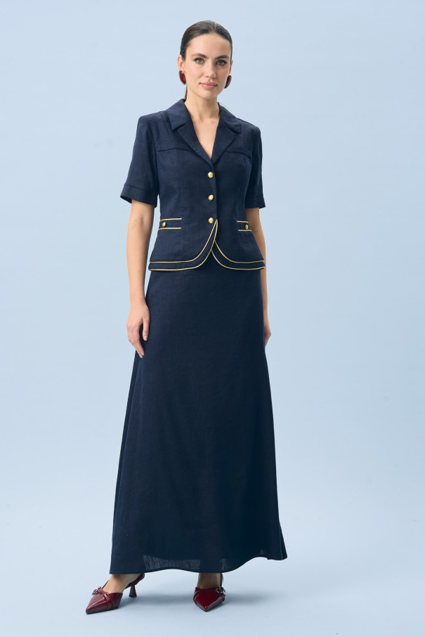 Льняной костюм с юбкой синий URS / ЮРС