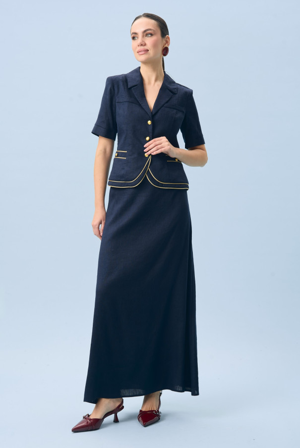 Льняной костюм с юбкой синий URS / ЮРС
