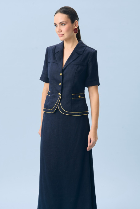 Синий льняной костюм с длинной юбкой 24-451-1