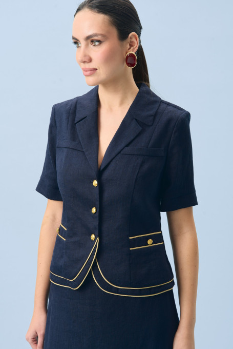 Синий льняной костюм с длинной юбкой 24-451-1