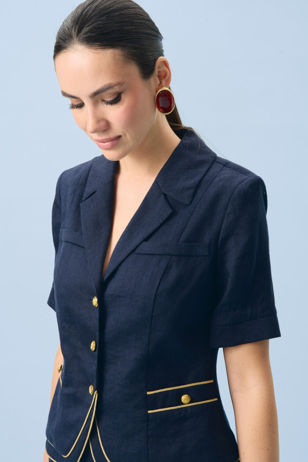 Льняной костюм с юбкой синий URS / ЮРС