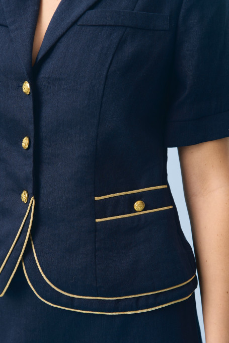 Синий льняной костюм с длинной юбкой 24-451-1