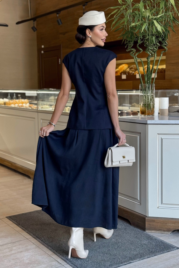 Синий льняной костюм с юбкой URS / ЮРС