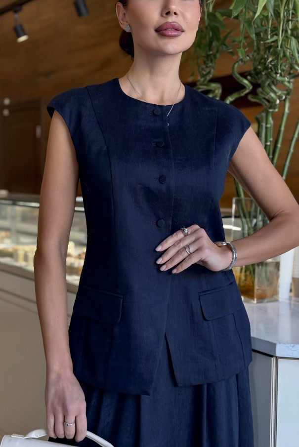 Синий льняной костюм с юбкой URS / ЮРС