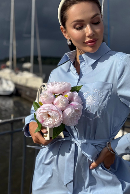 Голубое платье-рубашка с вышивкой 25-524-1