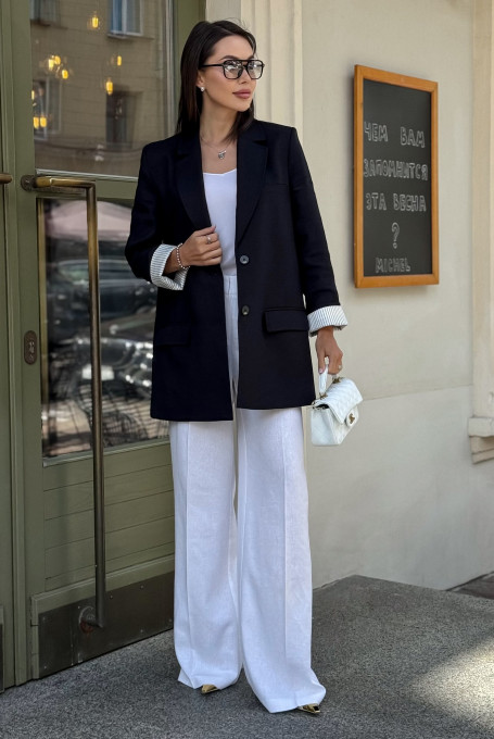 Пиджак льняной женский черный, летний офисный 25-527-1