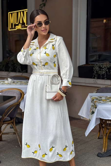 Белое льняное платье с лимонами 25-536-1