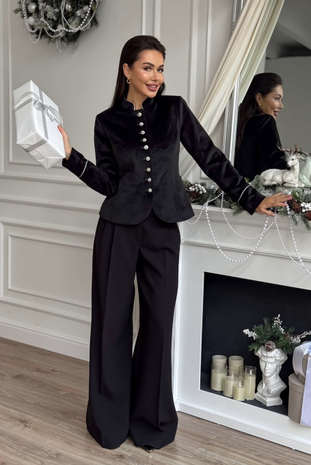 Черный бархатный женский приталенный жакет 25-545-1