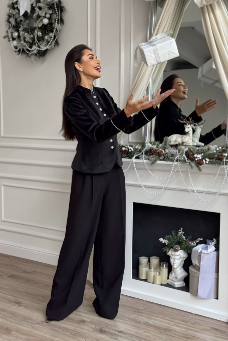 Черный бархатный женский приталенный жакет 25-545-1