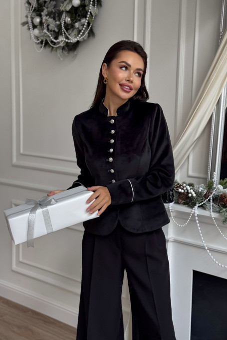 Черный бархатный женский приталенный жакет 25-545-1