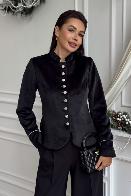 Черный бархатный женский приталенный жакет 25-545-1