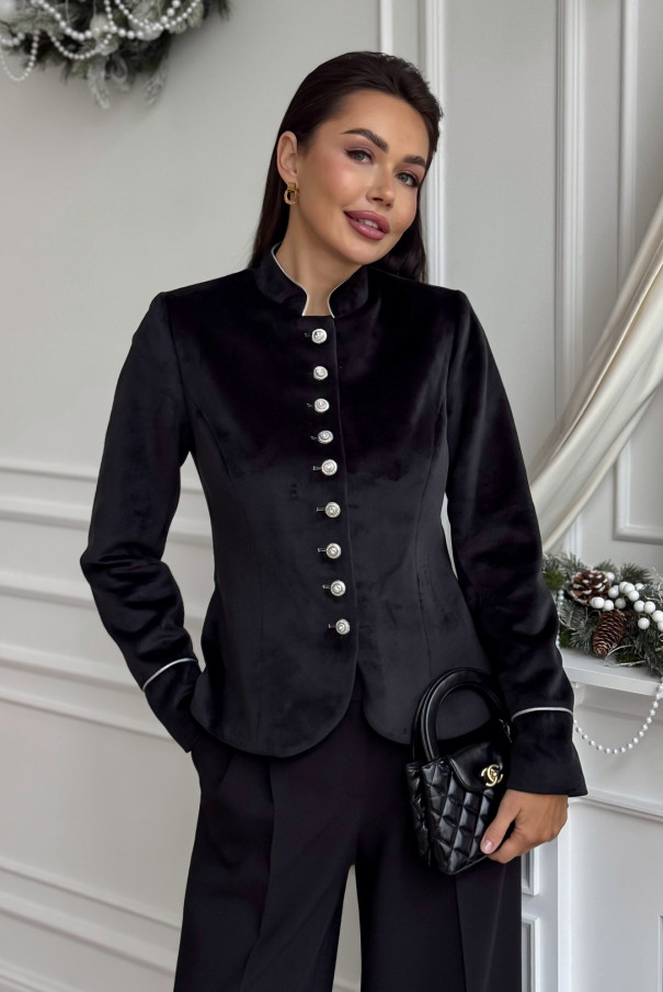 Черный бархатный женский приталенный жакет URS / ЮРС