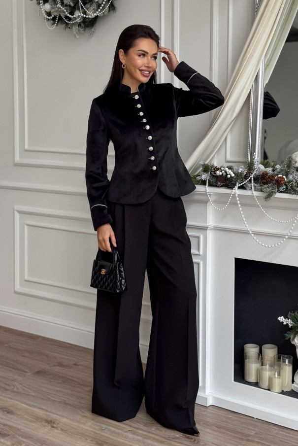 Черный бархатный женский приталенный жакет URS / ЮРС