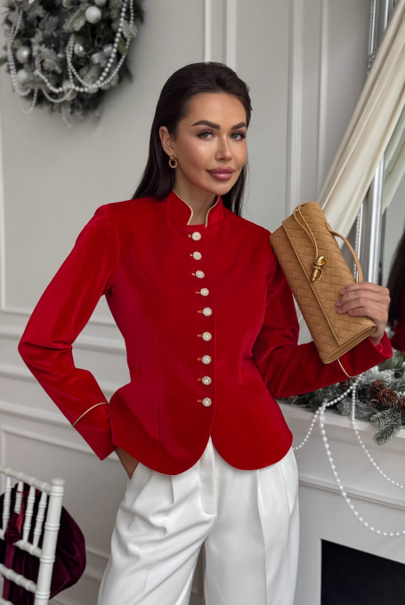 Красный бархатный приталенный женский жакет 25-545-2