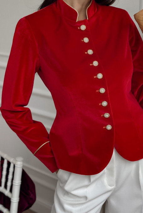 Красный бархатный приталенный женский жакет 25-545-2