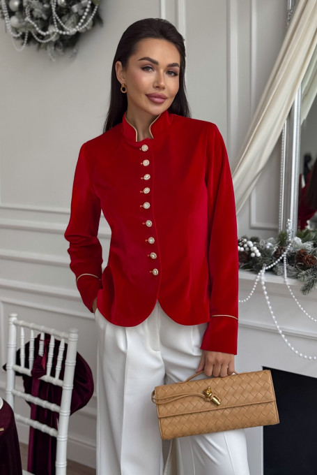 Красный бархатный приталенный женский жакет 25-545-2